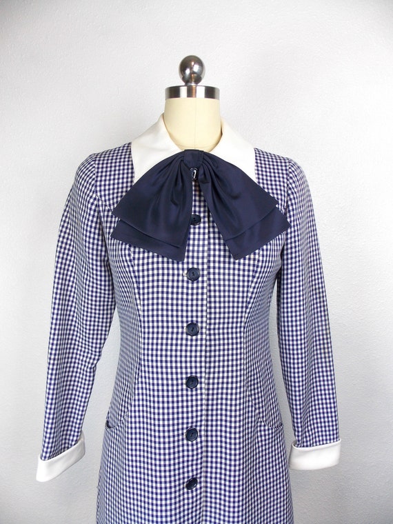 1970's Blue Gingham Check Maxi Dress Poly Knit Gem