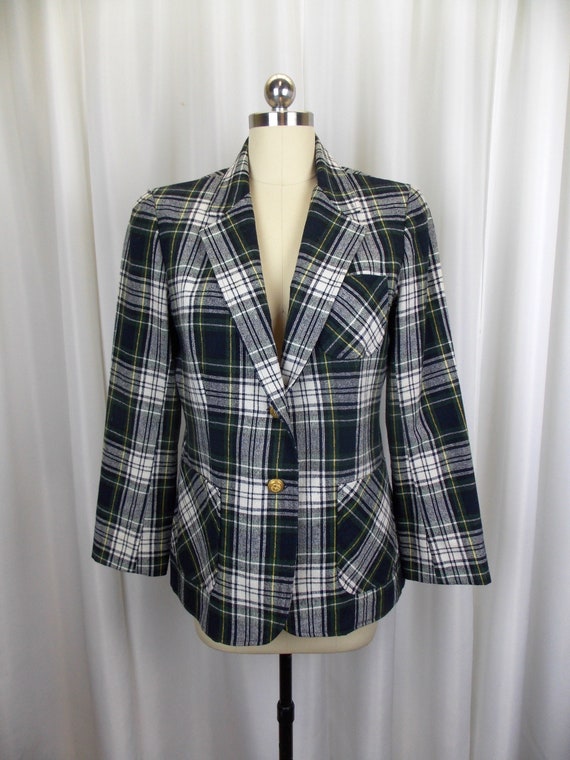 1970's Wool Plaid Blazer Blue and Green - image 1