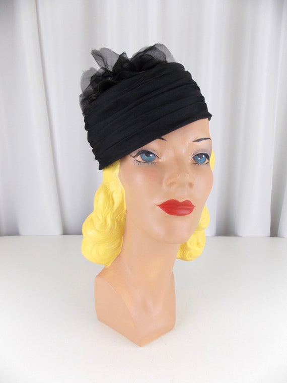1950's 1960's Black Hat with Floral Rose
