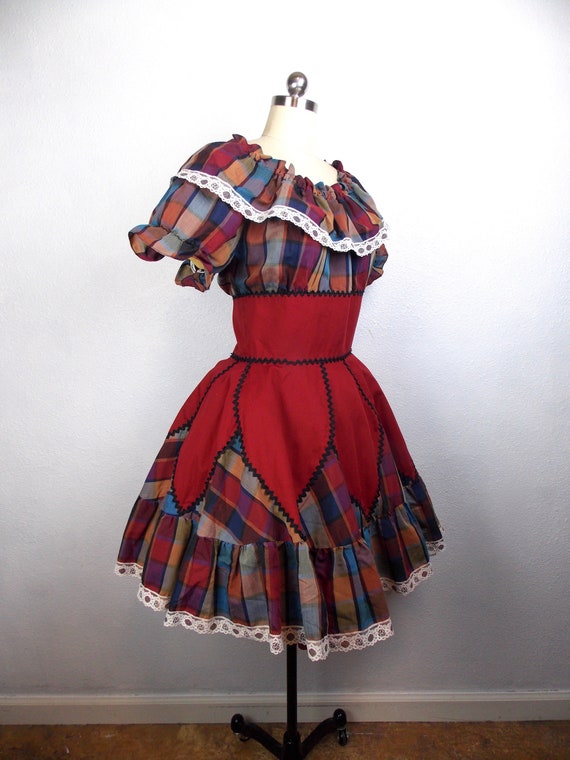 Vintage Burgundy Red Plaid Square Dance Dress - image 2