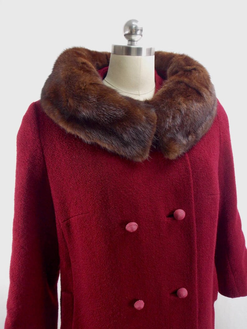 Cranberry Color Wool Coat With Mink Fur Collar - Etsy