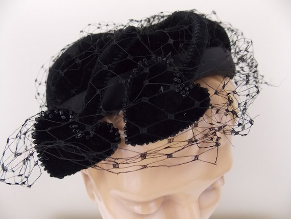 Black Felt Cocktail Hat with Netting - image 1
