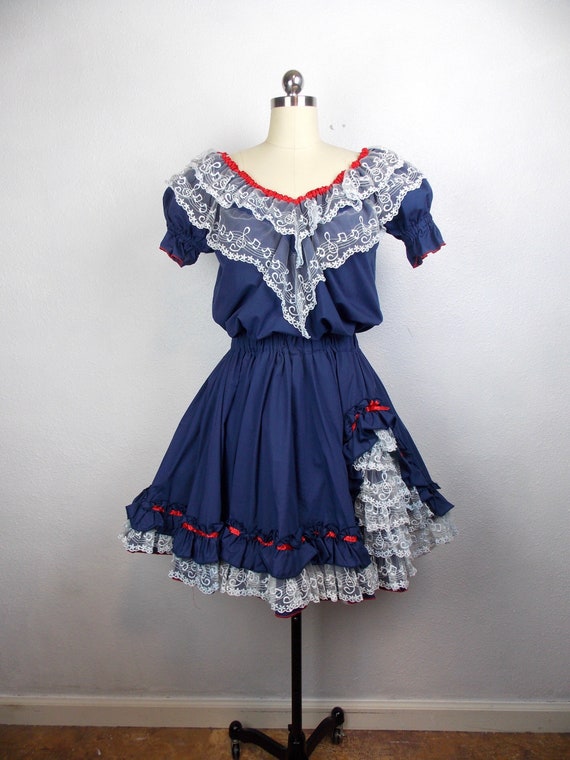 Vintage Blue and White Square Dance Set Blouse and
