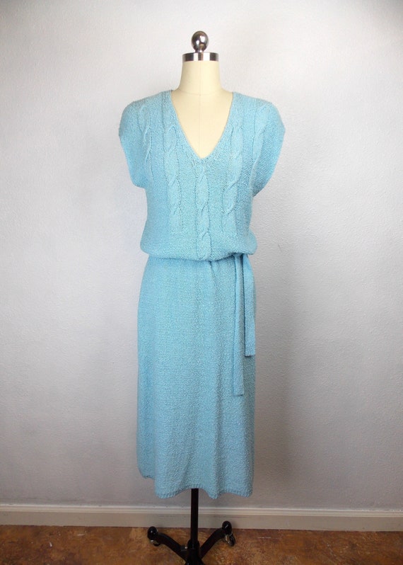 1980's Blue Sweater Knit Sleeveless Dress Schrader