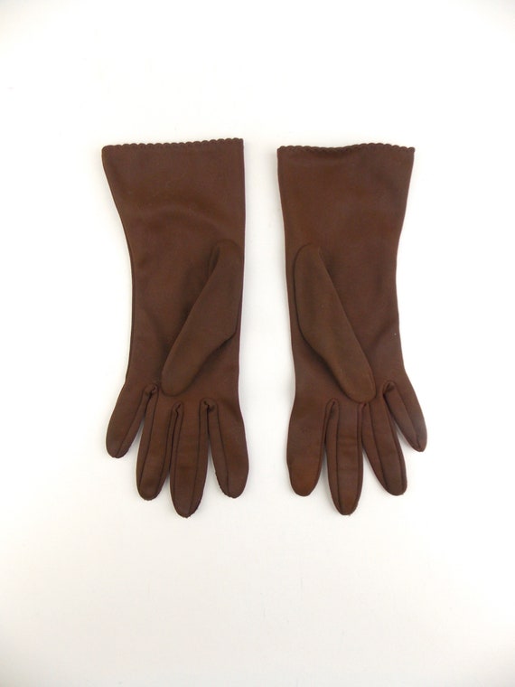 Brown Wrist Length Gloves with Raised Floral Patt… - image 3