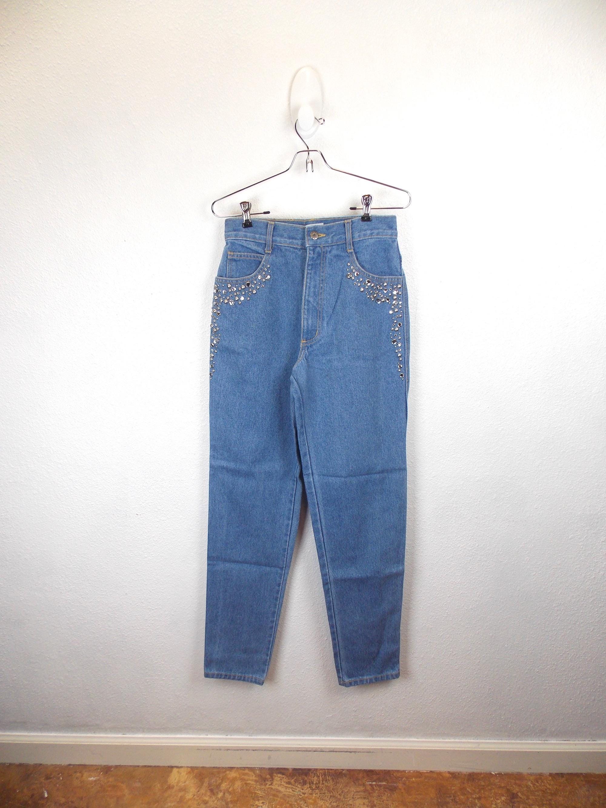 希少 90's Stone  Denim Cover All Vintage Rhinestone Studded Monique Jeans High Waisted 27