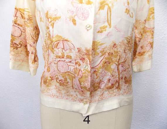 1950's Silk Blouse with Flower Cart Print - image 4