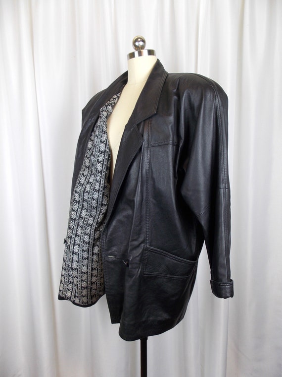 1980's Black Leather Jacket Coat Medium Hip Length - image 7