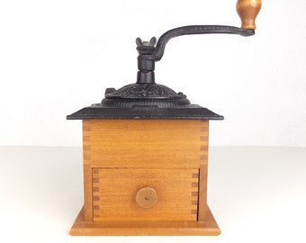 Vintage Coffee Grinder Wood and Cast Iron with Dovetail Corners
