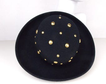 Betmar Black Velvet Hat with Gold Studs Vintage Black Velvet Gold Sequin Tam Beret Hat Betmar - Etsy main image 4