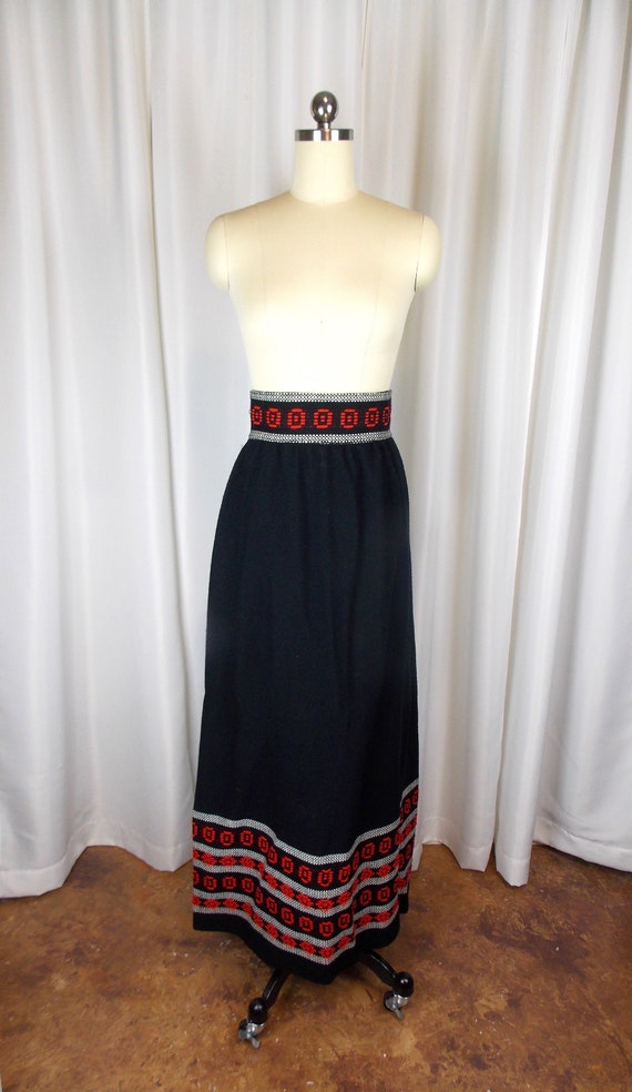 1970's Woven Maxi Skirt Black and Red Folk Ethnic 