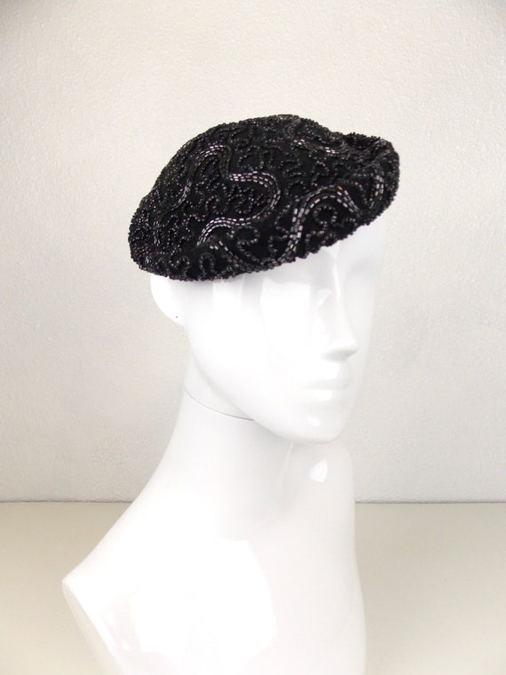 1940's 1950's Black Heavily Beaded Hat Volk - image 1