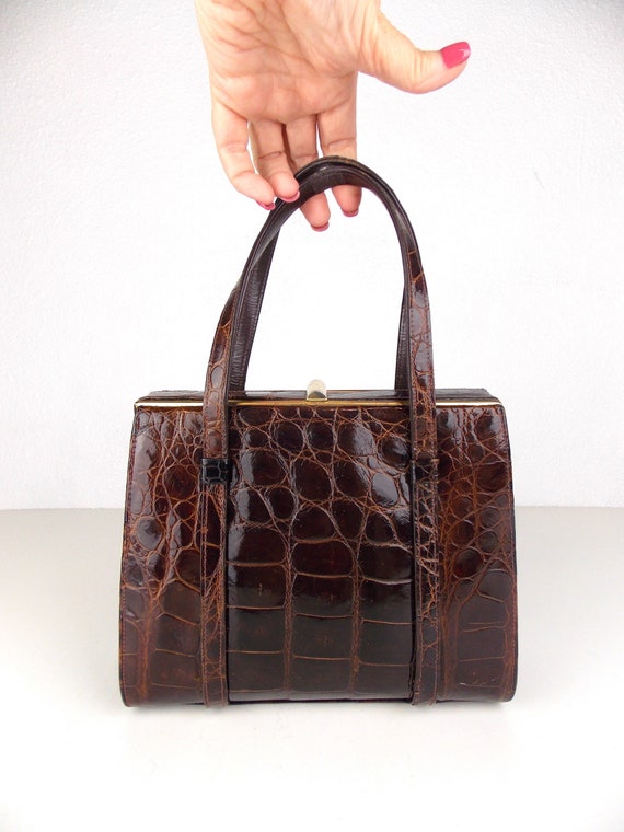 1960's Structured Top Handle Handbag Purse Brown