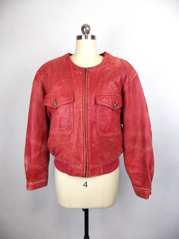 Red Distressed Leather Bomber Jacket Sport Mobility S… Gem