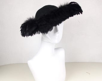 Vintage Black Feather Saucer Wide Brim Hat Under-hat 40s 50s 