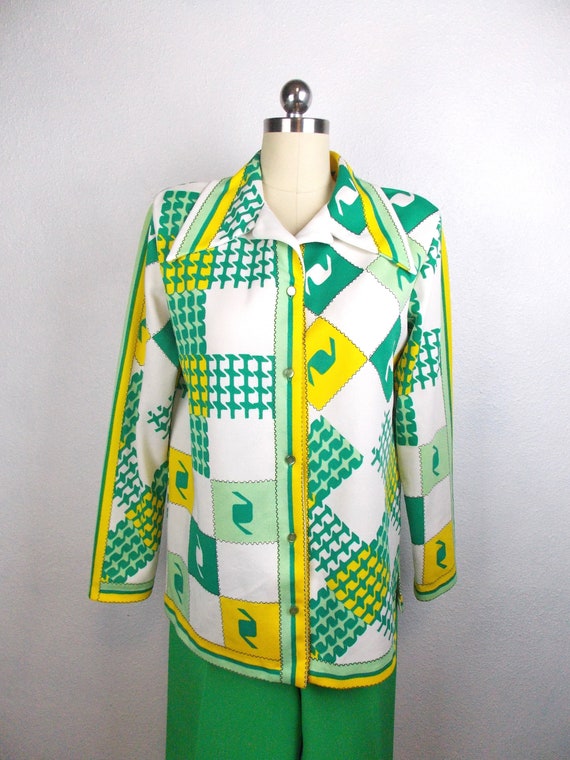 1970's Women's Pantsuit Polyester Knit Green and … - image 2