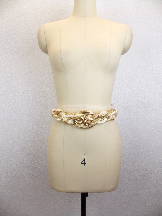 1980's White and Gold Braided Cinch Belt Size M - image 2