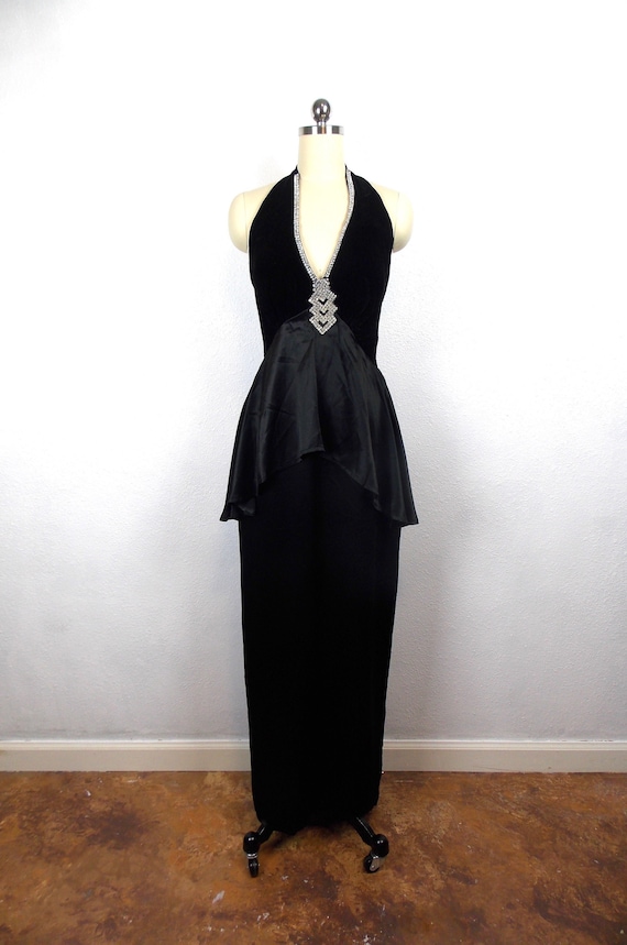 Halter Style Formal Dress in Black Satin Velvet an