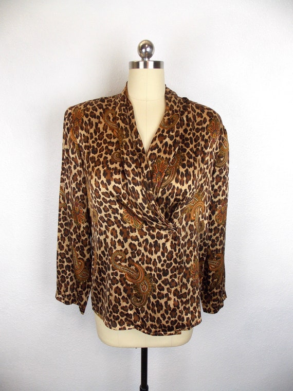 Vintage Cheetah and Paisley Print Silk Blouse Deep
