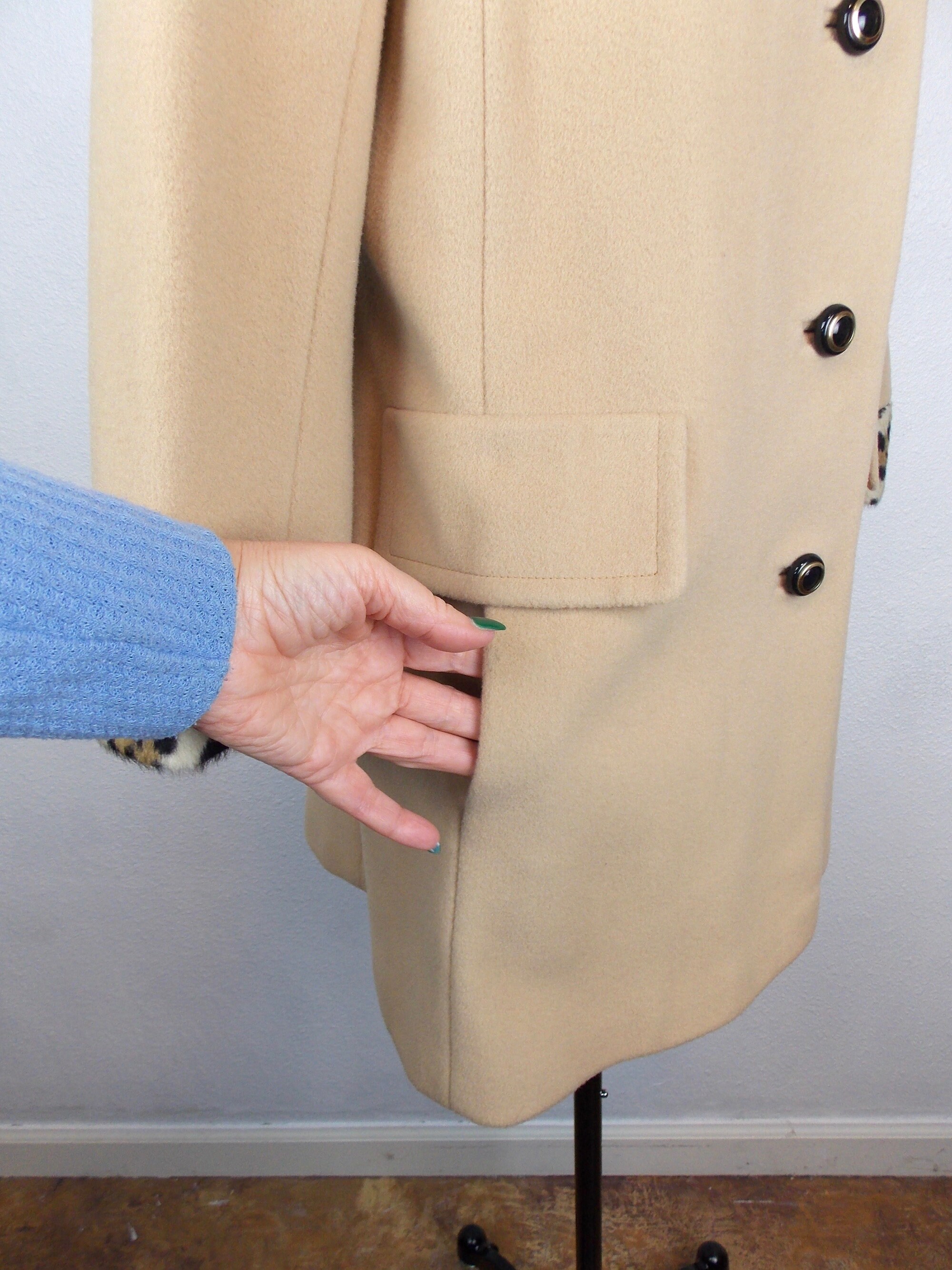 1960's Wool Coat Camel Color With Leopard Print Collar and