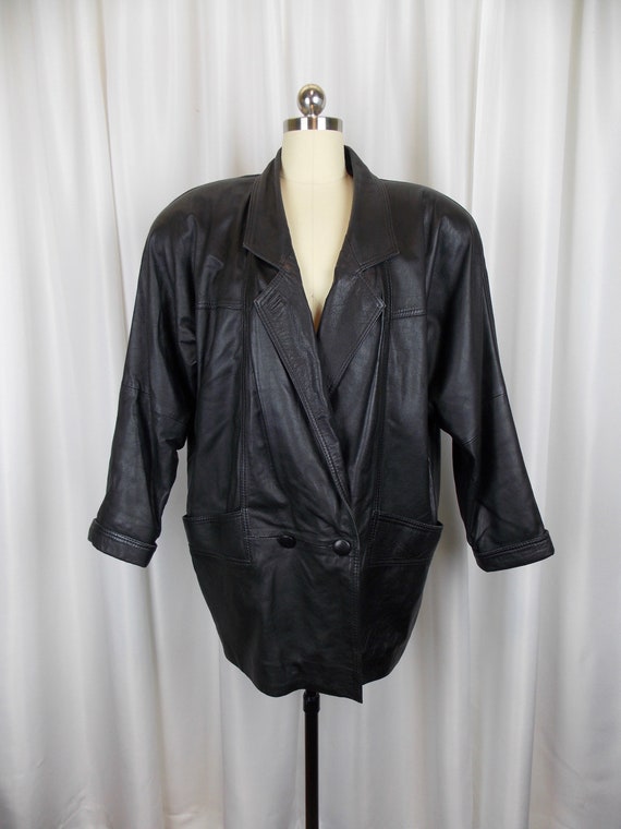 1980's Black Leather Jacket Coat Medium Hip Length