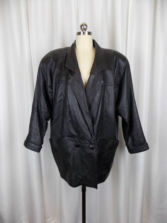 1980's Black Leather Jacket Coat Medium Hip Length - image 1