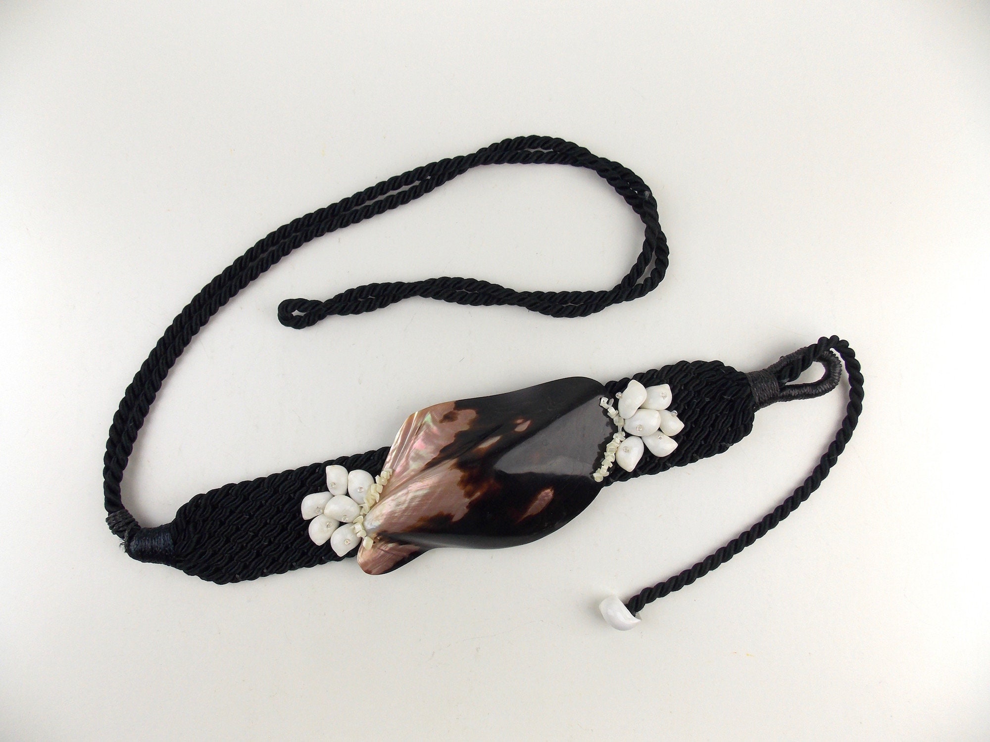 Hand Crafted,  Cowrie Shell, Black Beaded Tie Belt, Vintage 43.50\