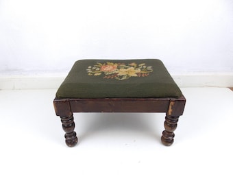 Vintage Small Wood Footstool with Needlepoint Top