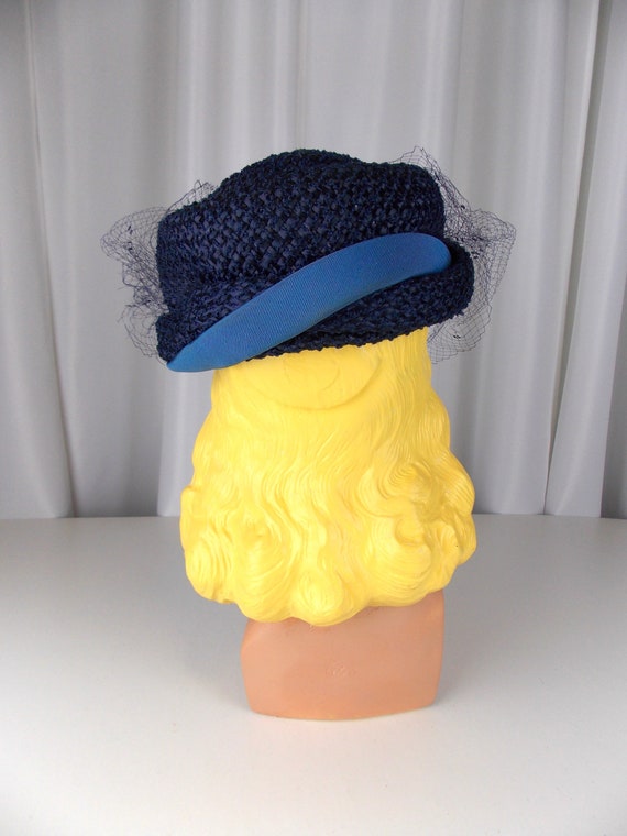 Blue Raffia Straw Hat with Veil by Ethel Atkins  … - image 3