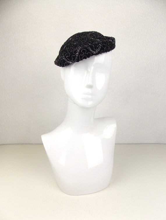 1940's 1950's Black Heavily Beaded Hat Volk - image 3