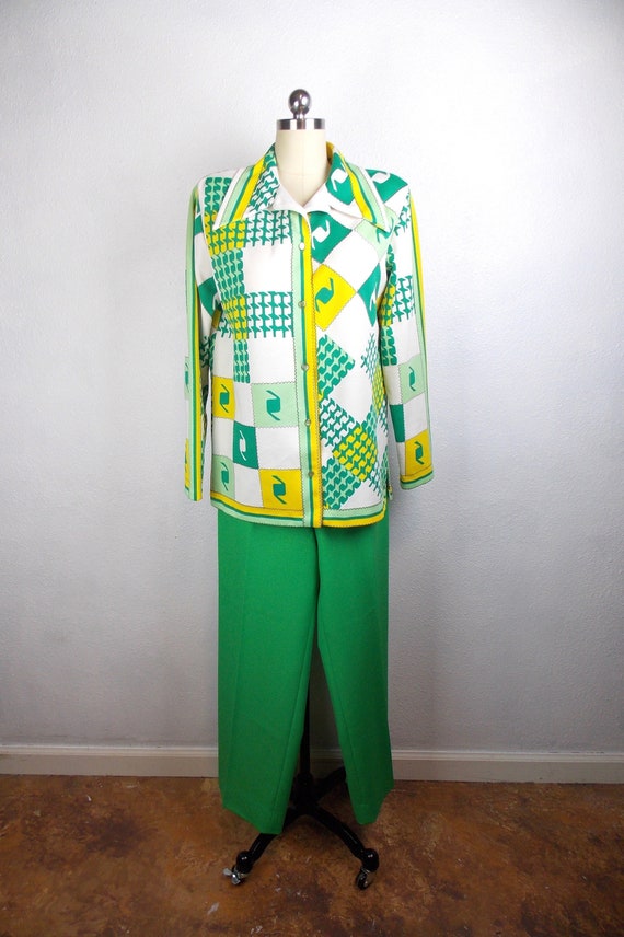 1970's Women's Pantsuit Polyester Knit Green and … - image 1