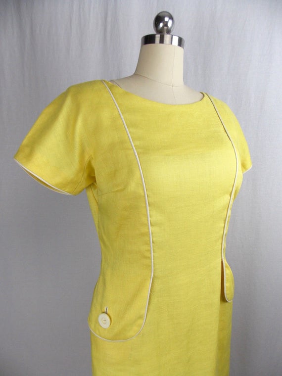1960's Daffodil Yellow Linen Shift Dress "Chudiks… - image 3