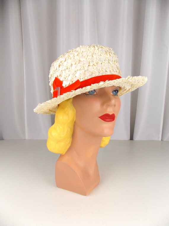 white Raffia Straw Hat with Orange Hatband 1950's