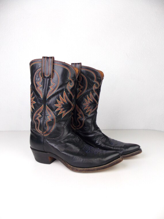 Vintage Black Leather Cowboy Boots with Multicolo… - image 1