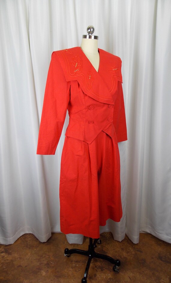 Bright Red Two Piece Pantsuit Gauchos and Crop Ja… - image 5