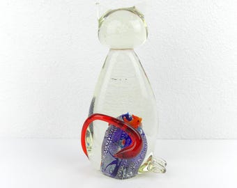 Presse-papiers vintage Art en verre avec un chat et un poisson rouge