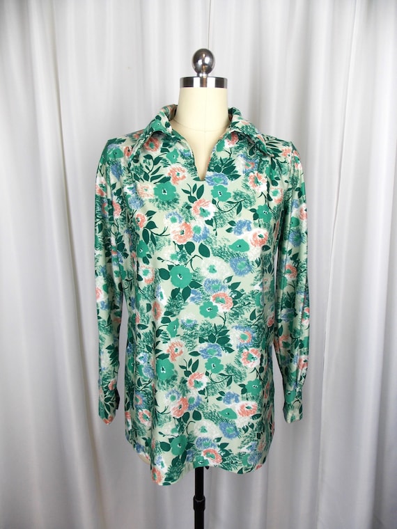 1970's Floral Print Tunic Top Polyester Knit - image 1