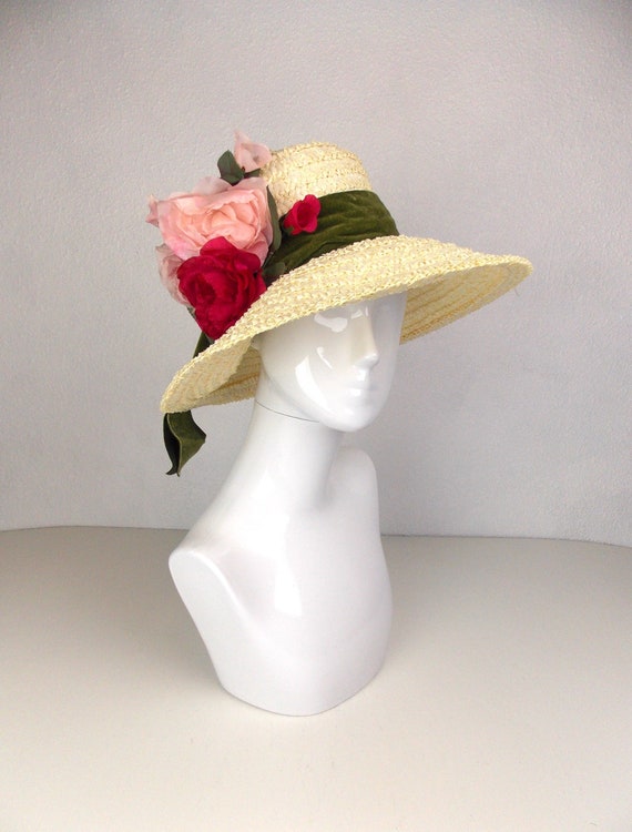 Ivory Raffia Straw Hat Large Brim With Silk Roses… - image 1