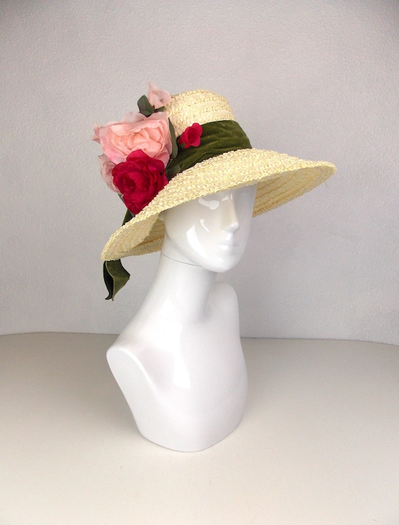? Huminska New York Straw Hat Pink Floral Wide Brim Vintage Vintage Millinery Wide Brimmed Straw Hat Pink Florals - Etsy main image 4