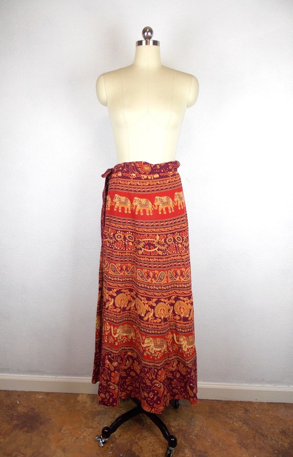 Vintage Elephant Print Cotton Wrap Skirt Midi Leng