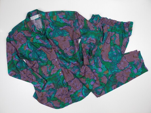 1990's Pant Suit Set Two Pieces Purple Green