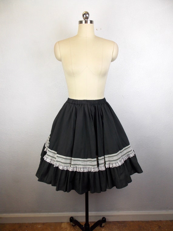 Vintage Square Dance Skirt in Black with White Lac