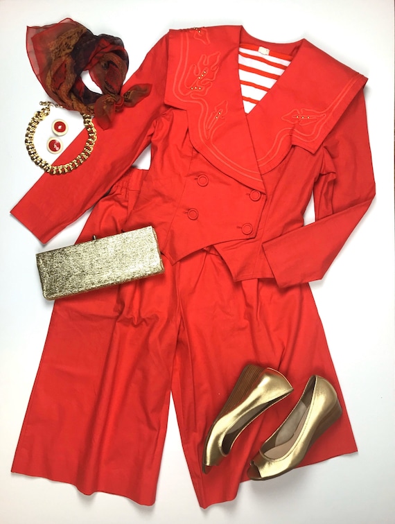 Bright Red Two Piece Pant Suit Gauchos and Crop Ja