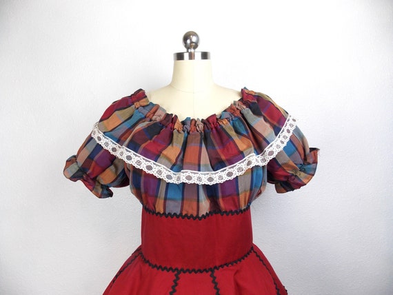 Vintage Burgundy Red Plaid Square Dance Dress - image 4
