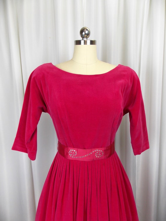 1950's Pink Velvet Dress with Matching Rhinestone… - image 2