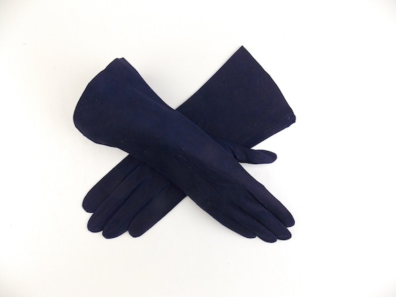 Navy Blue Gloves with Suede Finish Size 7 1950's … - image 1