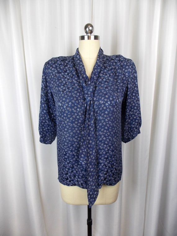 Retro 1940's Silk Blouse Blue and White with Attached… - Gem