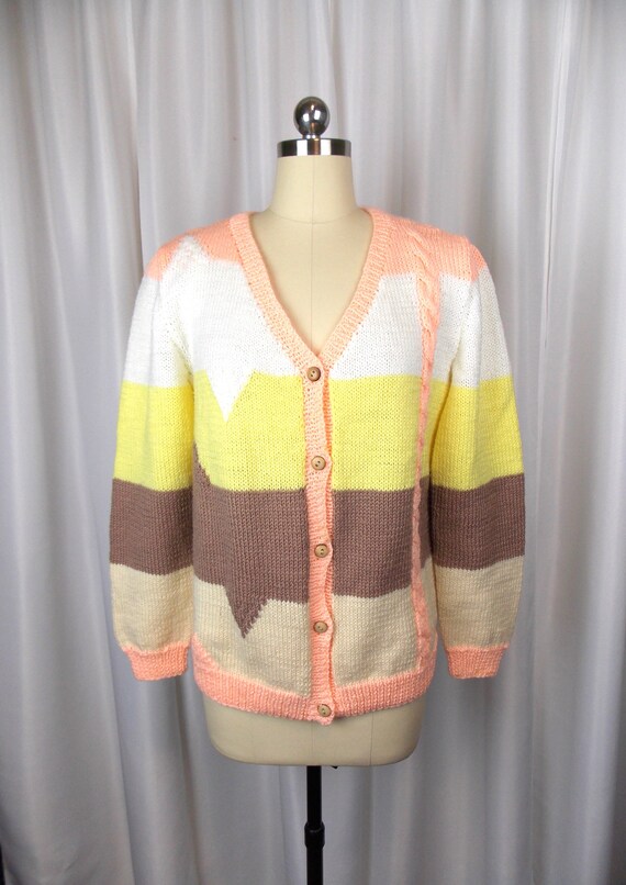 Vintage Hand Knit Cardigan Sweater Stripe Pattern… - image 4