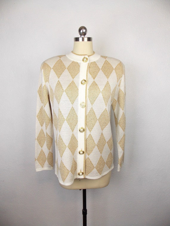 1990's Granny Chic White and Gold Cardigan Sweater