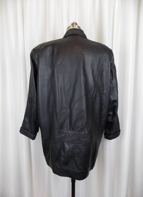 1980's Black Leather Jacket Coat Medium Hip Length - image 3